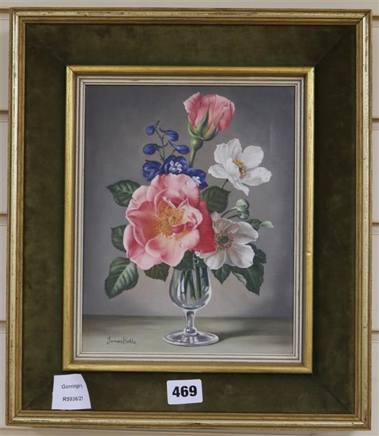 James Noble (1919-1989) Pink, white and blue flowers in a glass 25 x 20cm